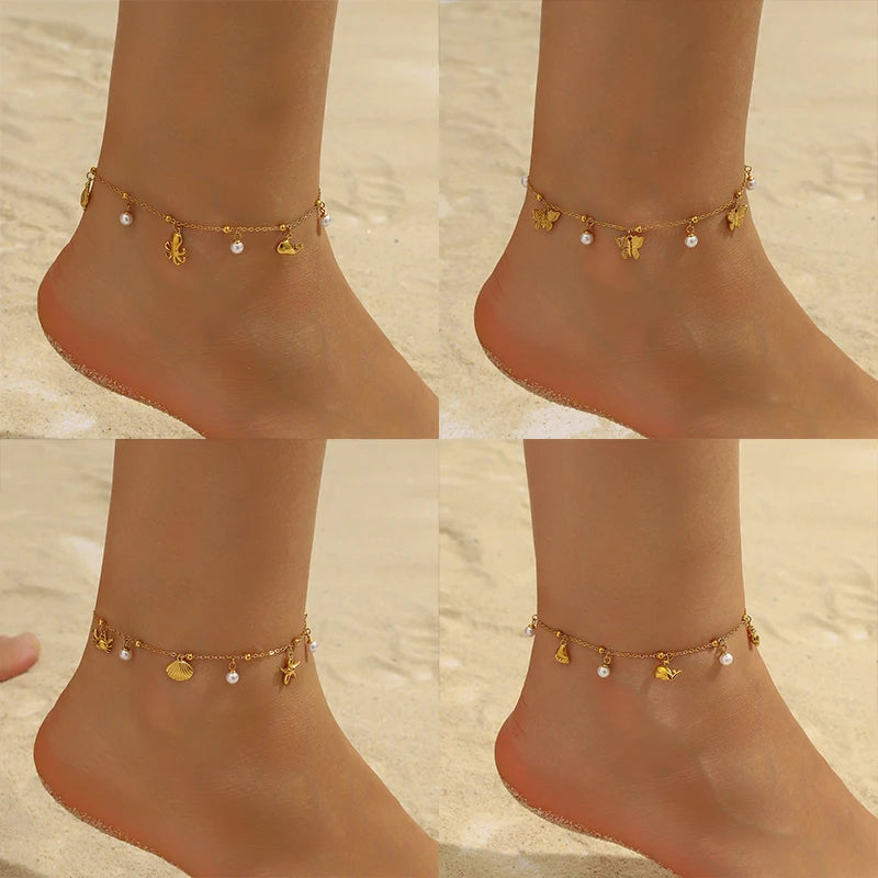 Stainless Steel Butterfly Whale Octopus Crab Pearl Anklets For Women-Waterproof.
