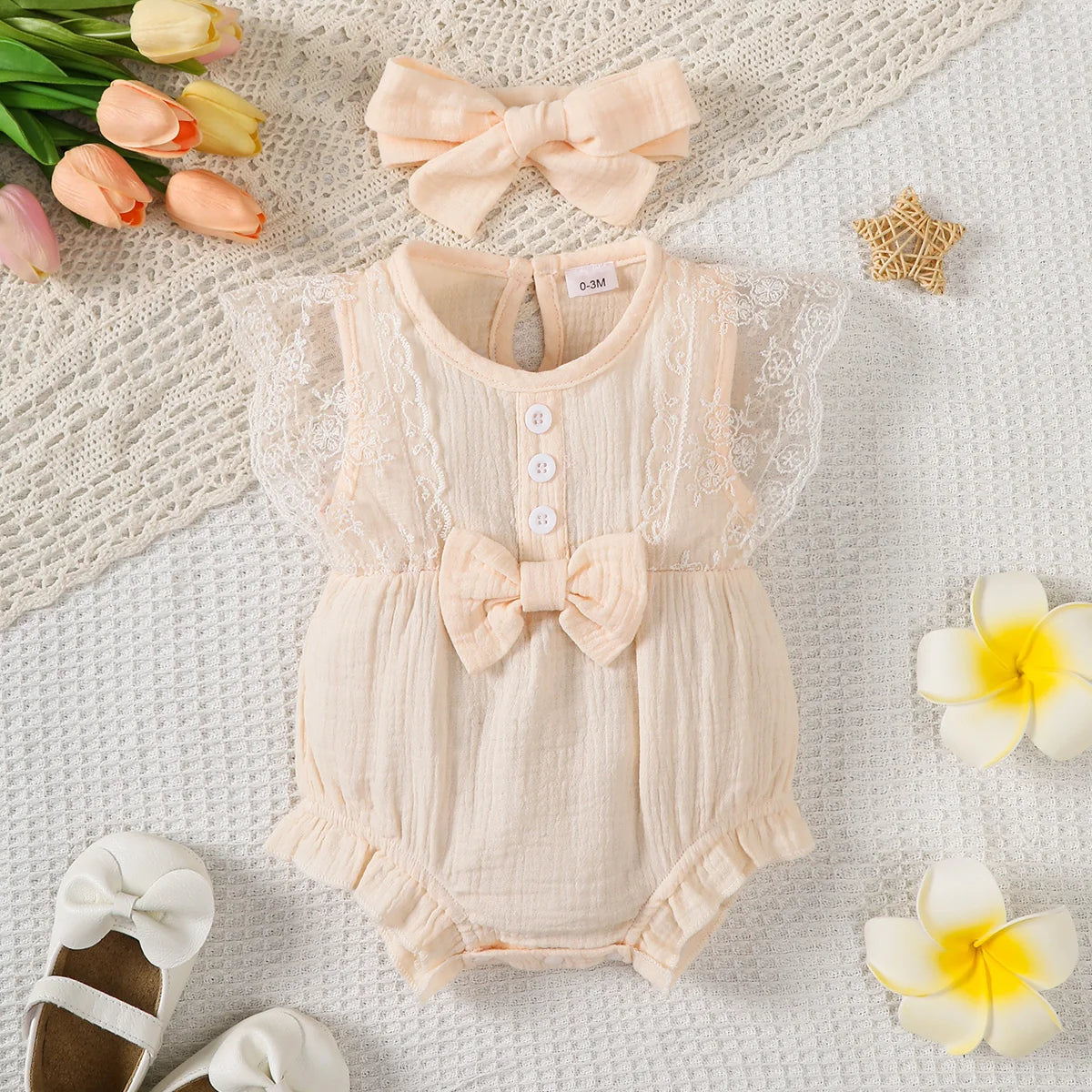 Baby Girl Romper Plain Soft Bodysuit Lace Sleeveless Onesie+Headband 0-18Months.