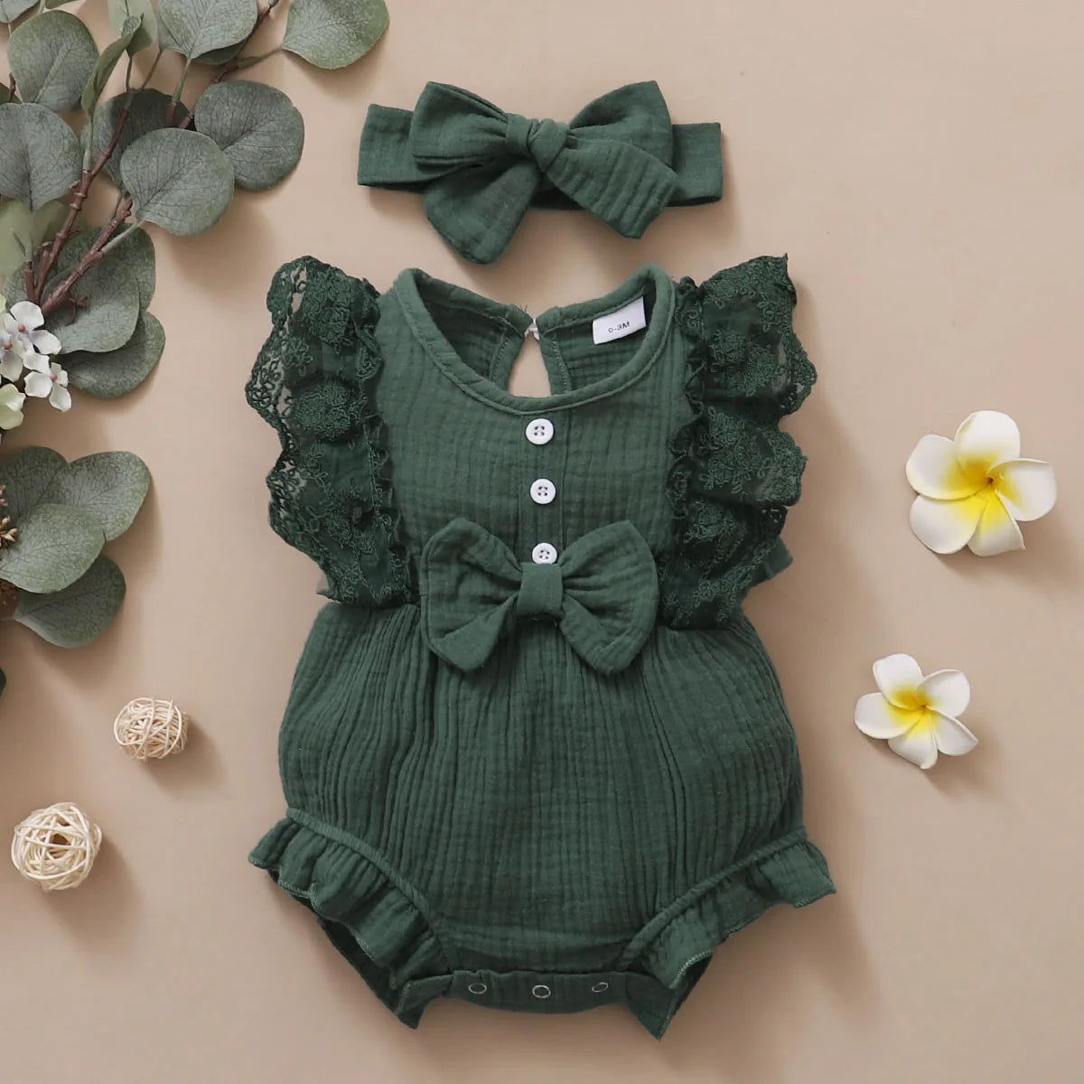 Baby Girl Romper Plain Soft Bodysuit Lace Sleeveless Onesie+Headband 0-18Months.