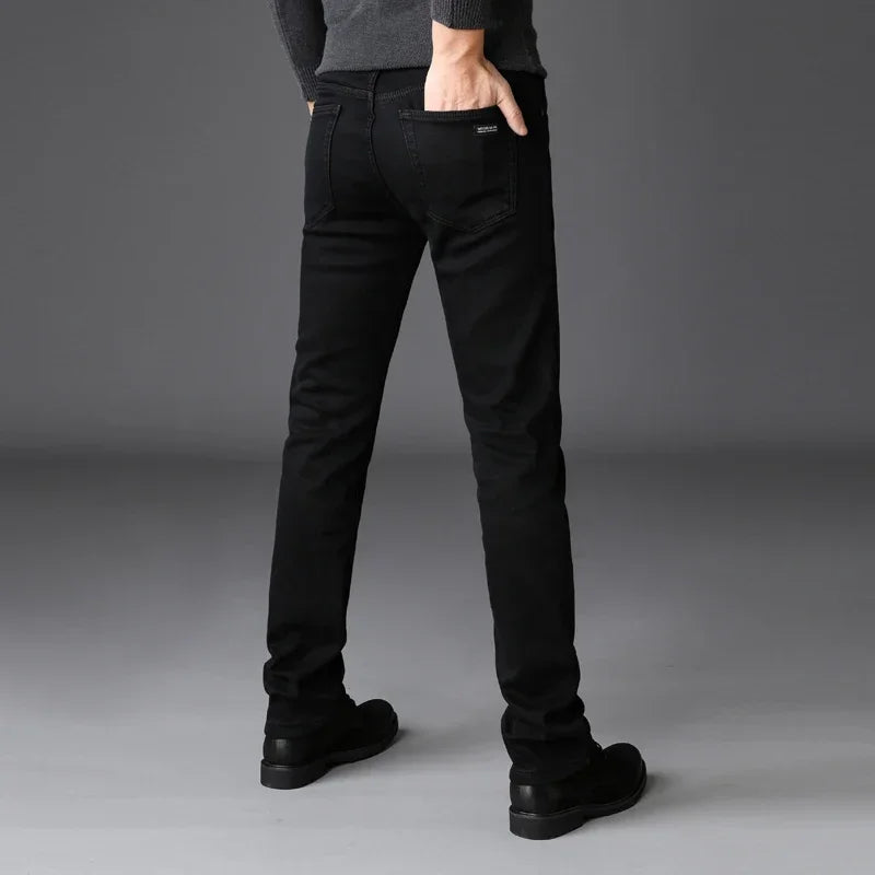 Men Classic Jeans Homme, Man Soft Stretch Black Biker Masculino Denim Pants.