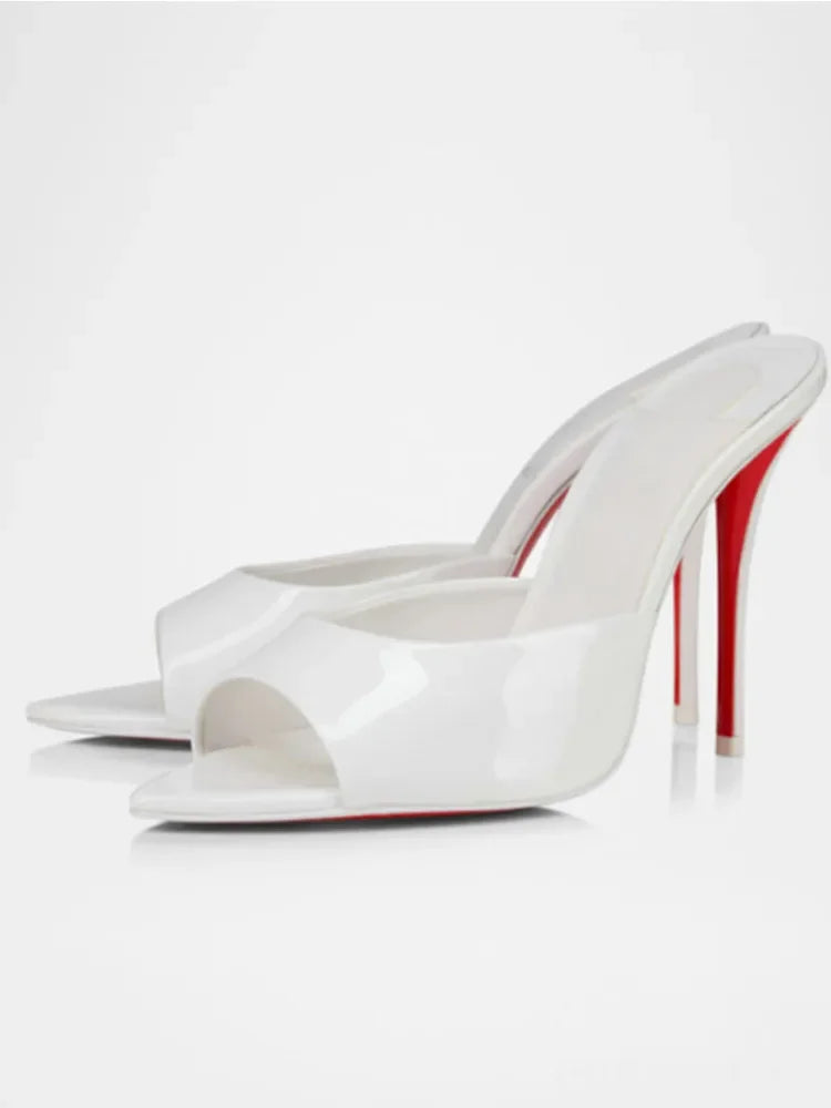 Fishmouth Woman Style Patent Leather High Heels With Thin Heels Pointed Toes Exposed Toes.