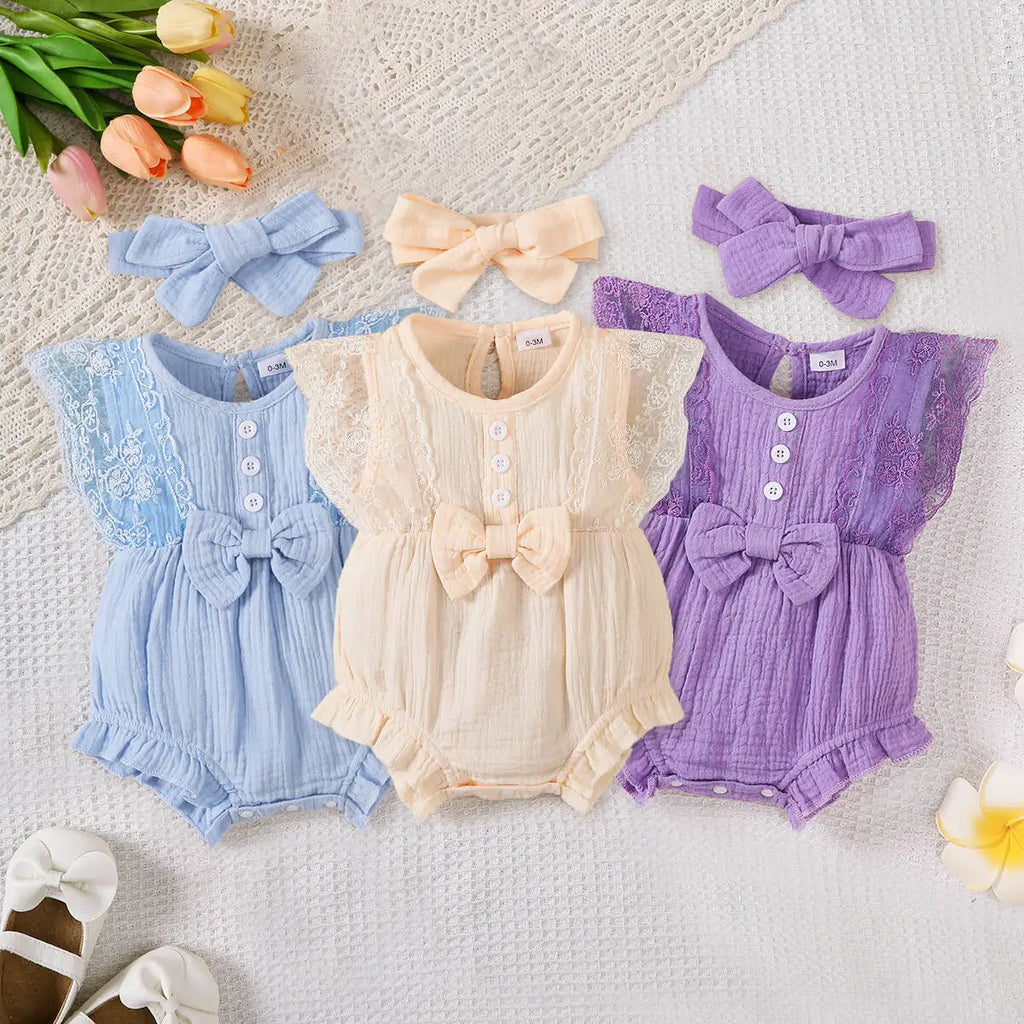 Baby Girl Romper Plain Soft Bodysuit Lace Sleeveless Onesie+Headband 0-18Months.