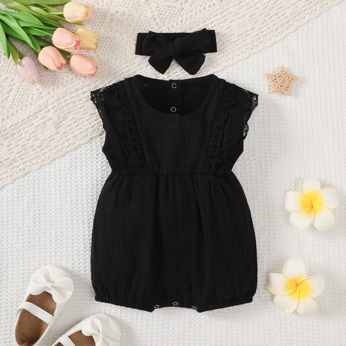 Baby Girl Romper Plain Soft Bodysuit Lace Sleeveless Onesie+Headband 0-18Months.