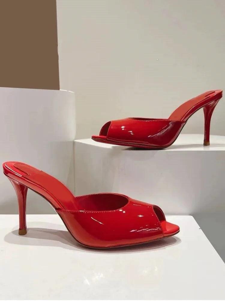 Fishmouth Woman Style Patent Leather High Heels With Thin Heels Pointed Toes Exposed Toes.