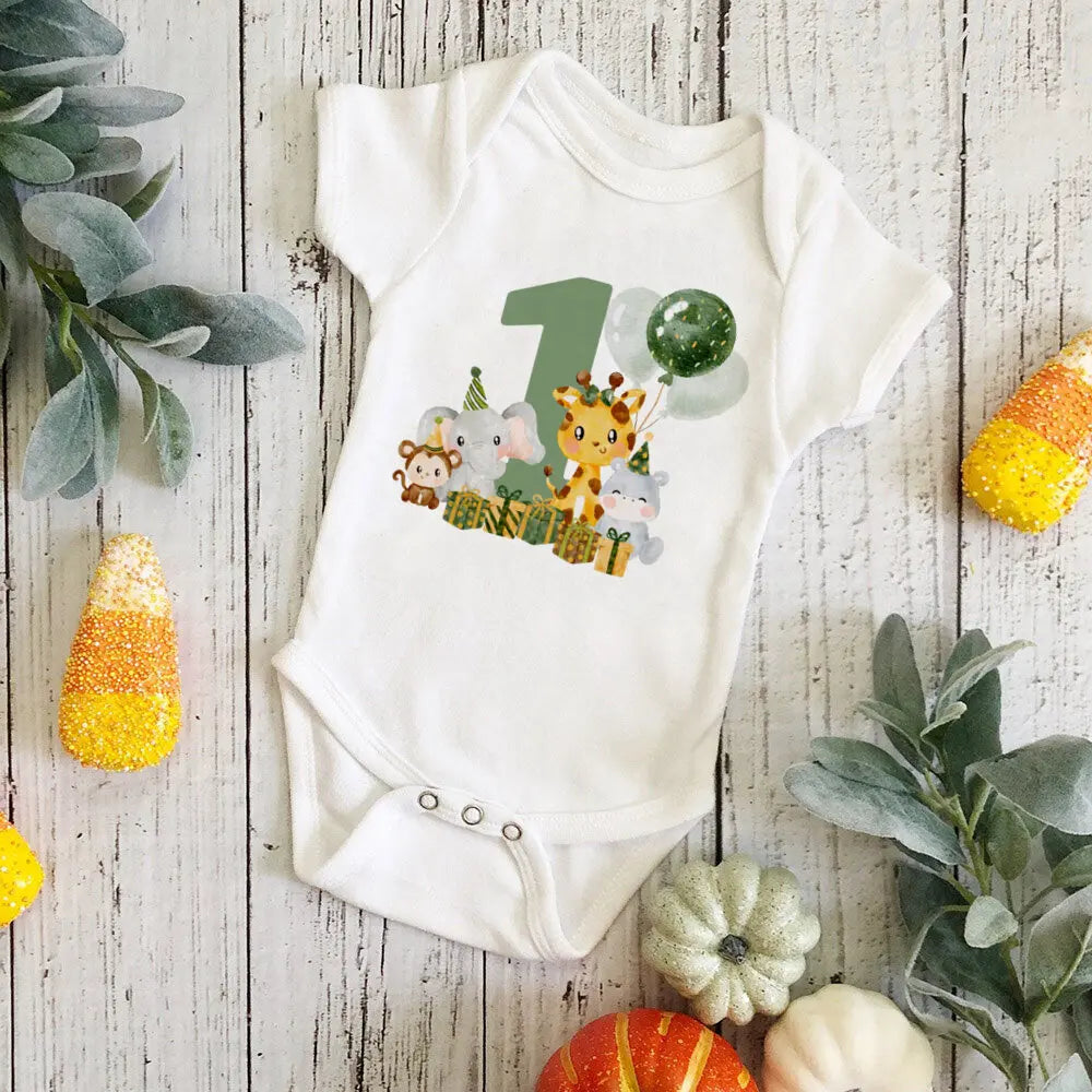 Wild One Birthday Baby Bodusuit Safari Animals Printed Romper Infant 1st Birthday Jungle Party Outfit Jumpsuit Baby Shower Gift