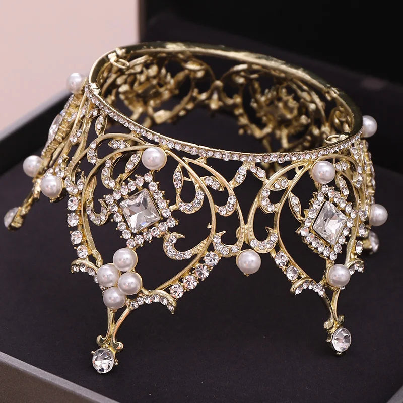 Trendy Gold Color Pearl Crown Wedding Hair Accessories, Jewelry, Rould Tiara Crown.
