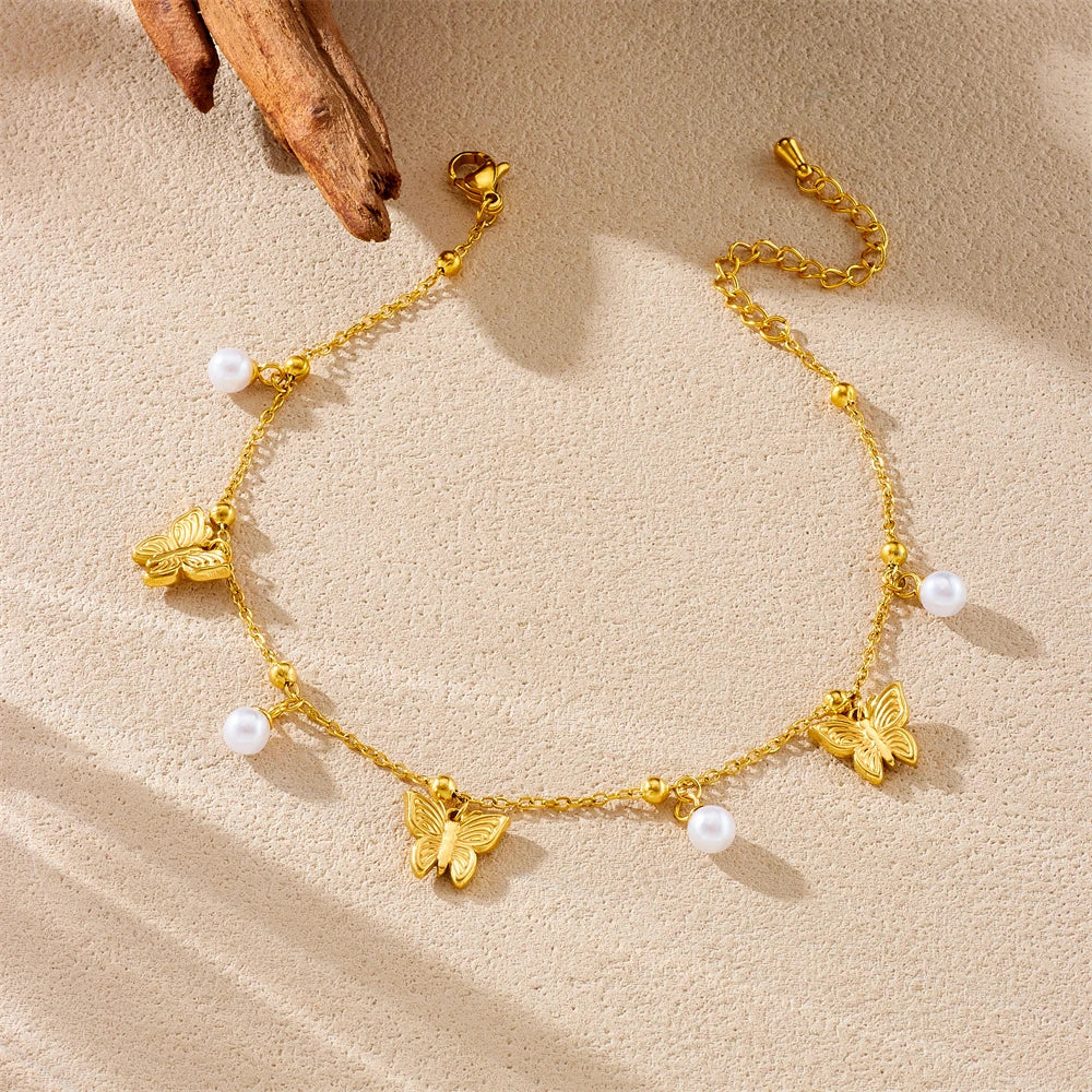 Stainless Steel Butterfly Whale Octopus Crab Pearl Anklets For Women-Waterproof.