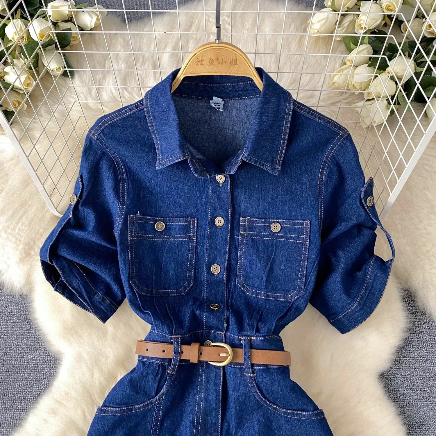 Women's Denim Dresses Polo Neck Short Sleeve Summer Mid Length Vestidos High Waist Belt Elegant Streetwear Y2k Summer.