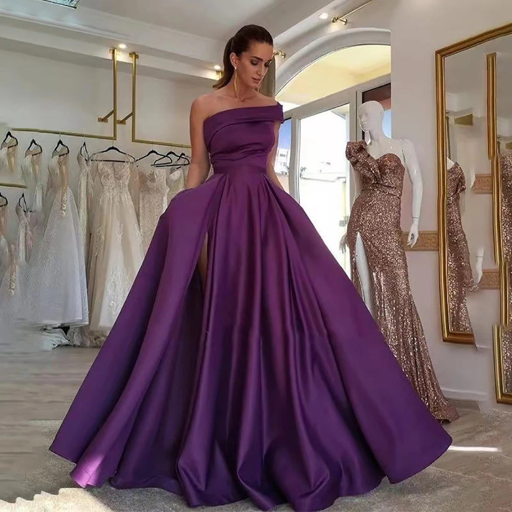 Women’s Elegant One Shoulder Satin Evening Dress Solid High Split A Line.