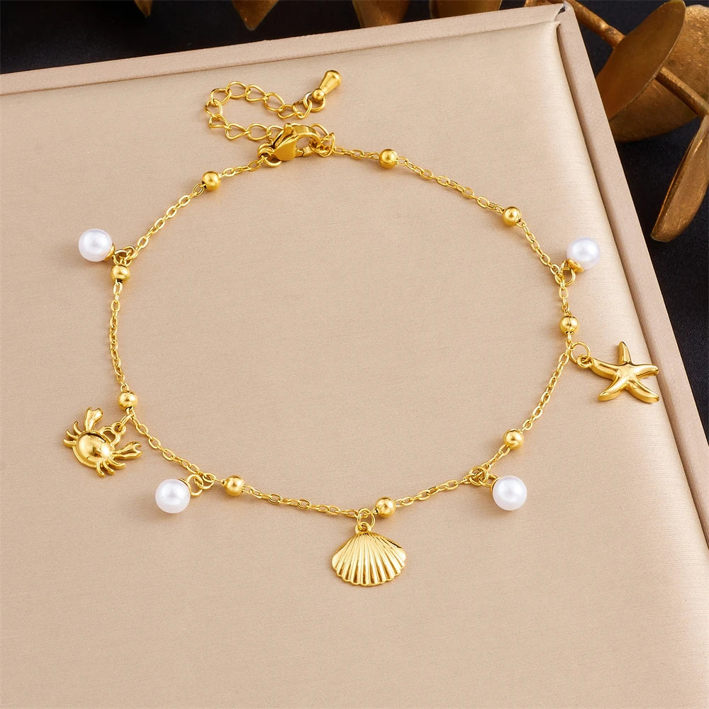 Stainless Steel Butterfly Whale Octopus Crab Pearl Anklets For Women-Waterproof.
