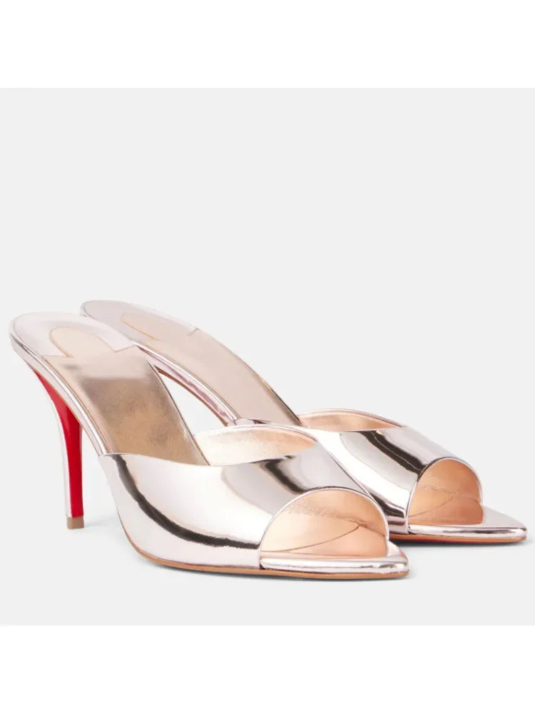 Fishmouth Woman Style Patent Leather High Heels With Thin Heels Pointed Toes Exposed Toes.