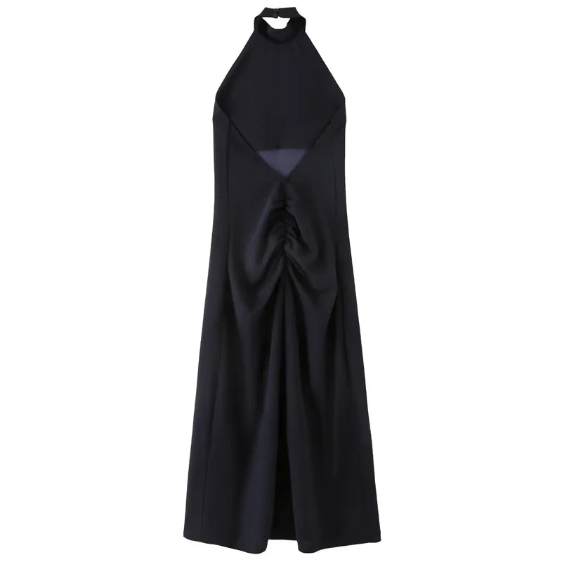Women's Blue Halter Dress, Ruffled Backless.