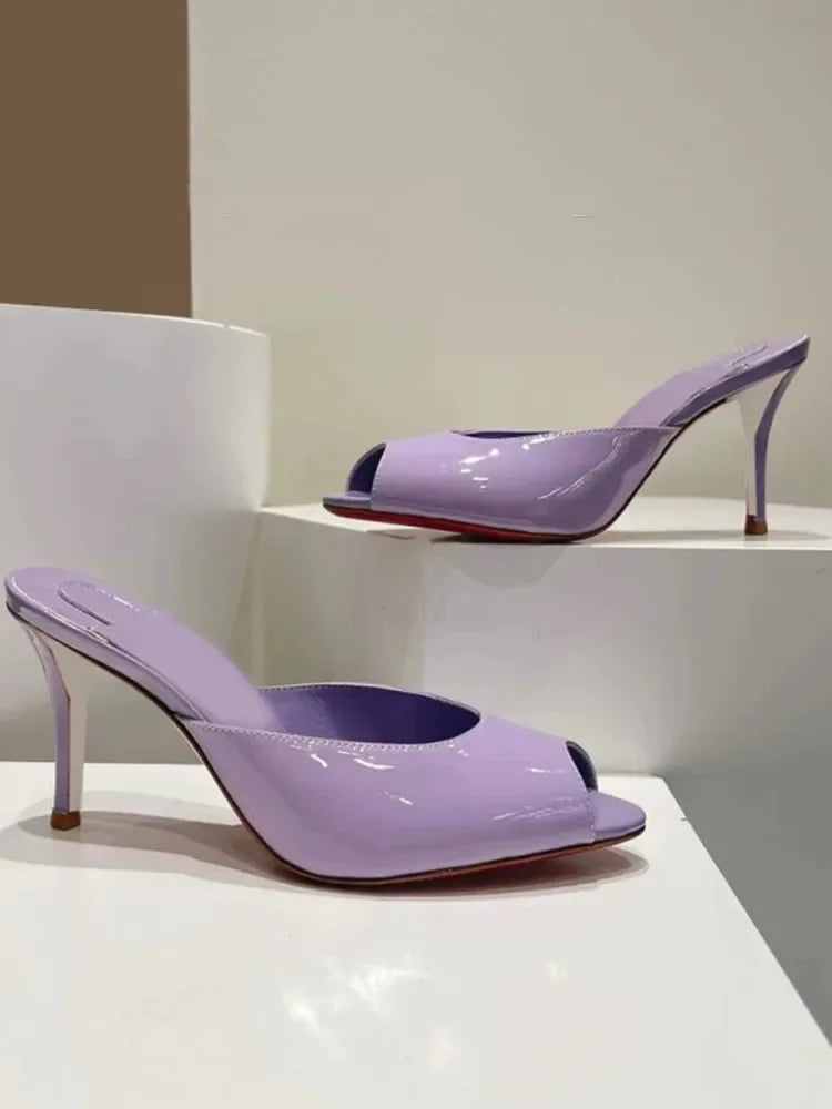 Fishmouth Woman Style Patent Leather High Heels With Thin Heels Pointed Toes Exposed Toes.