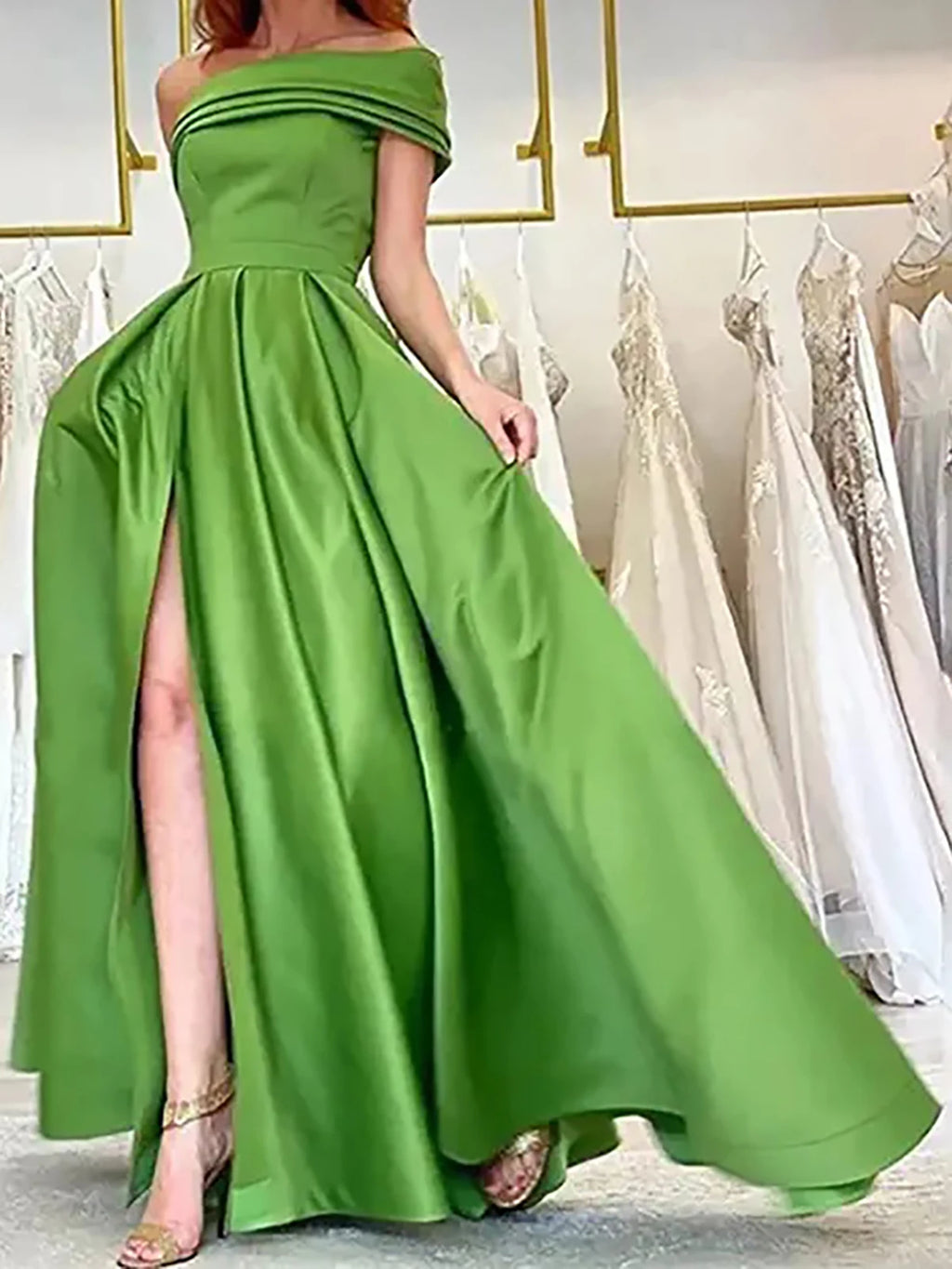 Women’s Elegant One Shoulder Satin Evening Dress Solid High Split A Line.