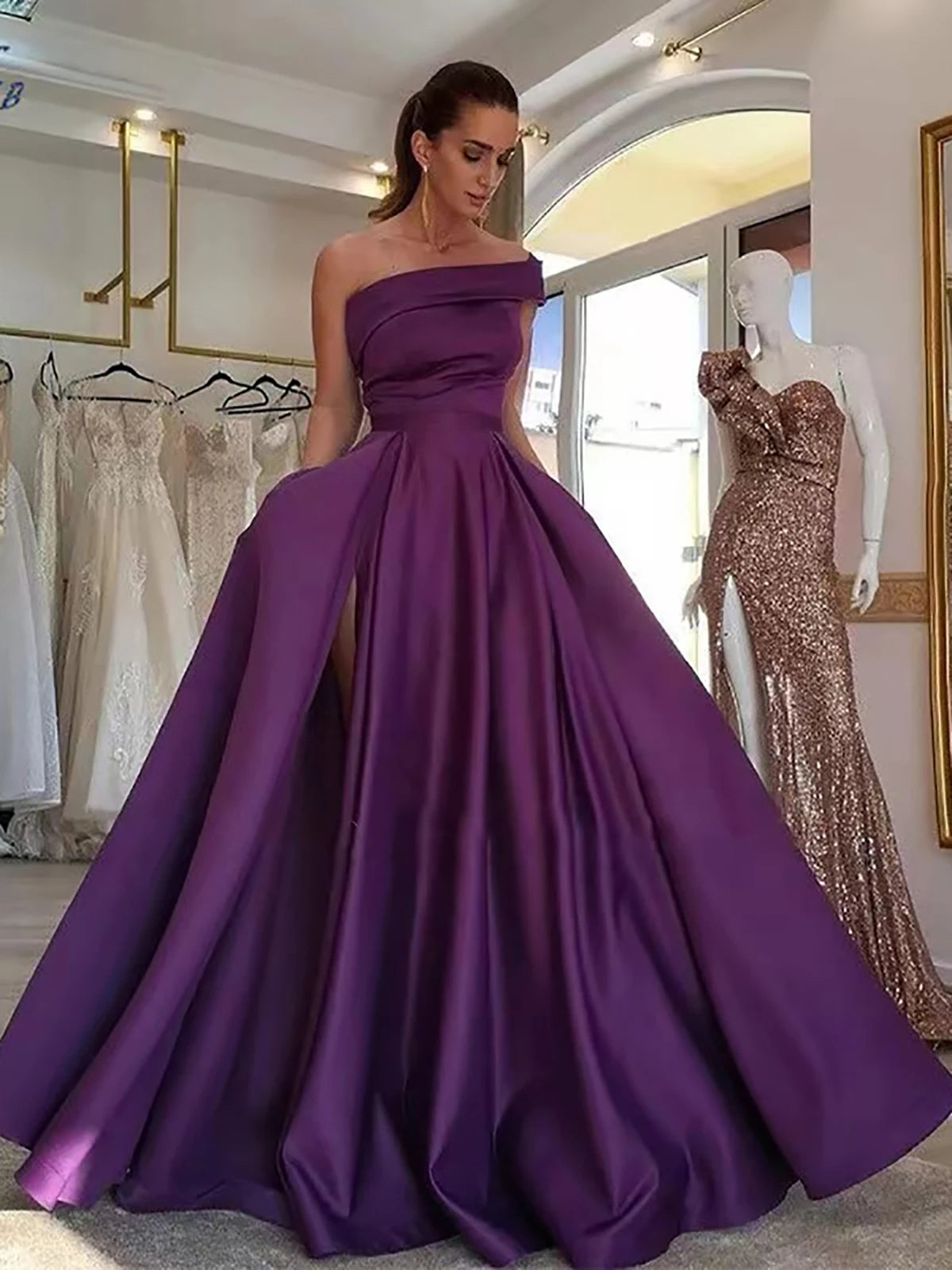 Women’s Elegant One Shoulder Satin Evening Dress Solid High Split A Line.