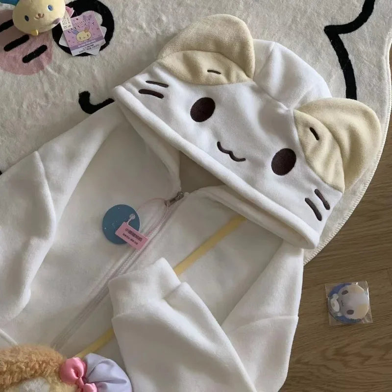 Kawaii Lolita Style Women Fleece Hoodies Cutecore, Soft Girl Zipper, Casual Cartoon Cardigan Jacket.