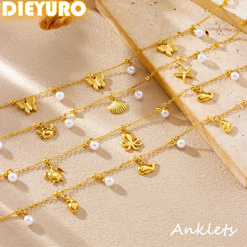 Stainless Steel Butterfly Whale Octopus Crab Pearl Anklets For Women-Waterproof.