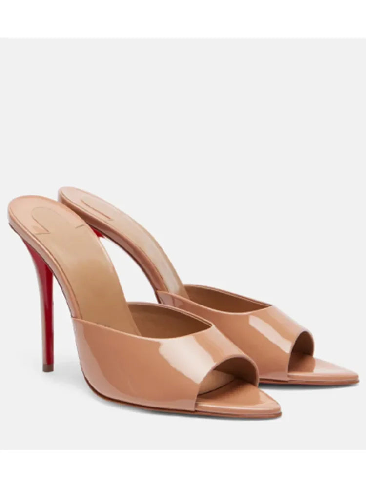 Fishmouth Woman Style Patent Leather High Heels With Thin Heels Pointed Toes Exposed Toes.