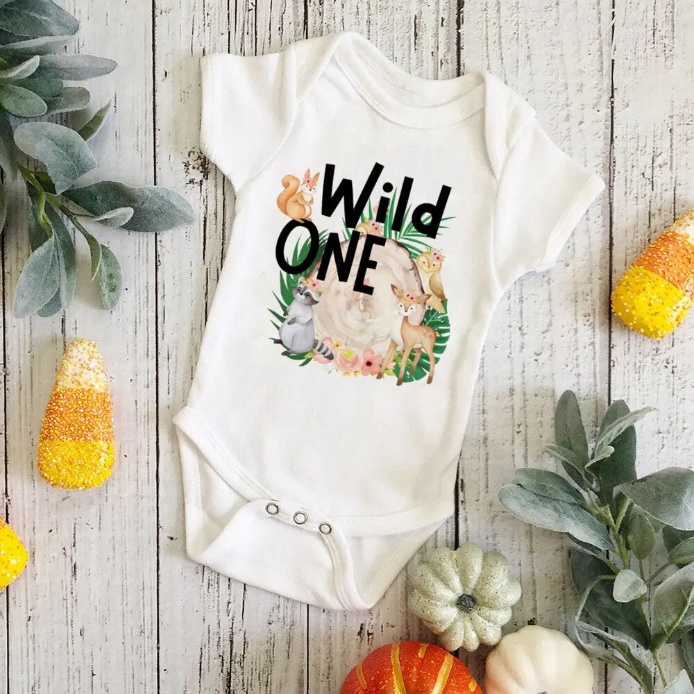 Wild One Birthday Baby Bodusuit Safari Animals Printed Romper Infant 1st Birthday Jungle Party Outfit Jumpsuit Baby Shower Gift