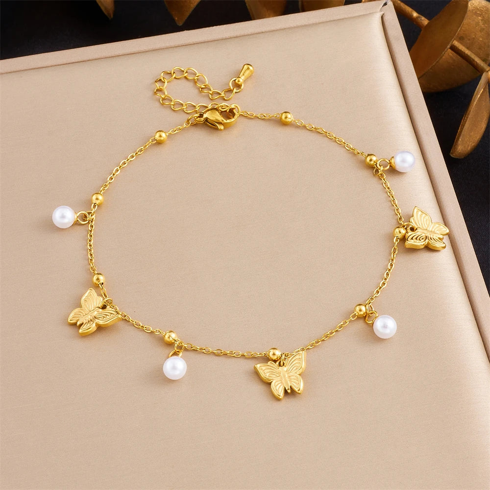 Stainless Steel Butterfly Whale Octopus Crab Pearl Anklets For Women-Waterproof.