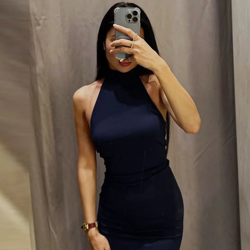 Women's Blue Halter Dress, Ruffled Backless.