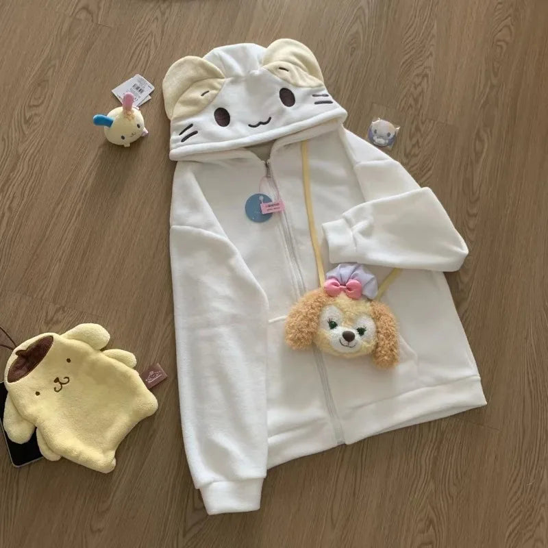 Kawaii Lolita Style Women Fleece Hoodies Cutecore, Soft Girl Zipper, Casual Cartoon Cardigan Jacket.