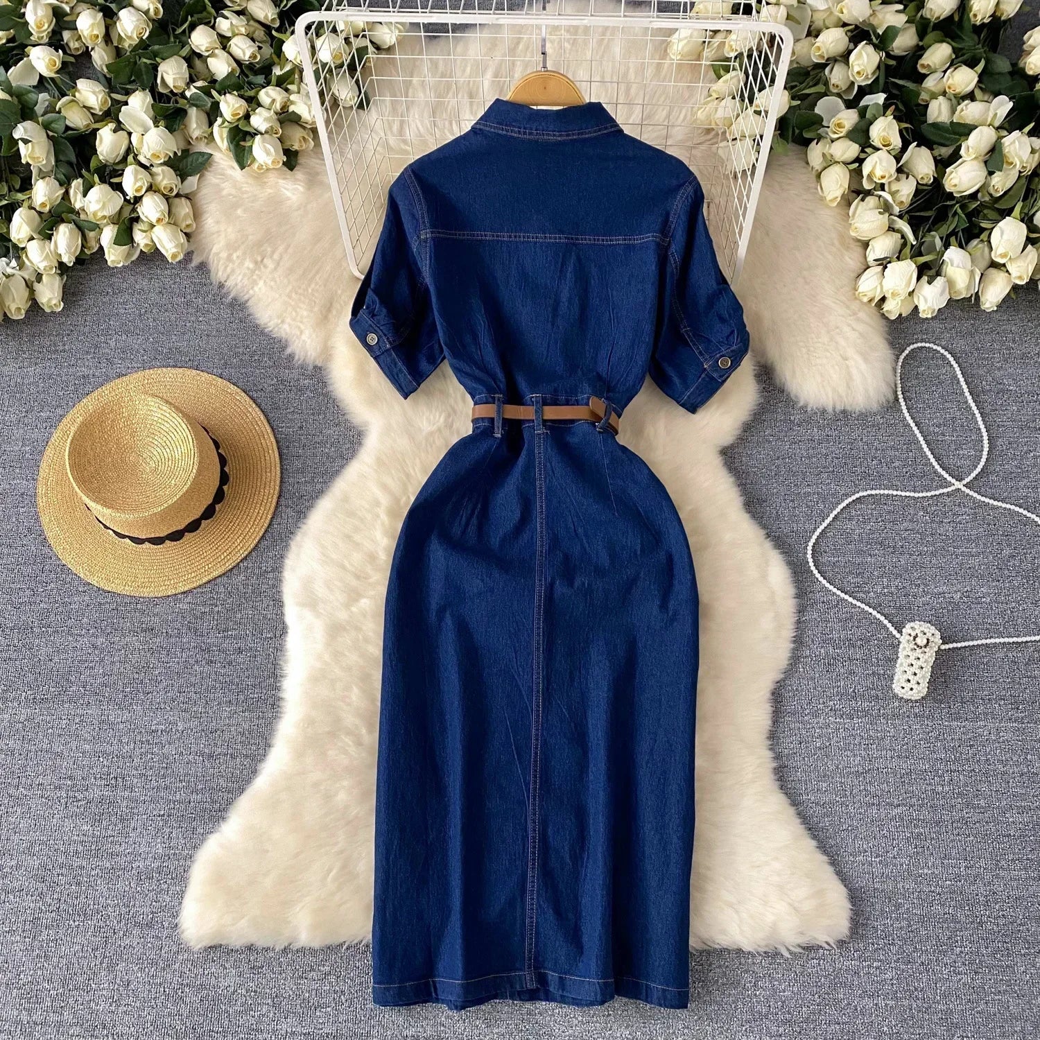 Women's Denim Dresses Polo Neck Short Sleeve Summer Mid Length Vestidos High Waist Belt Elegant Streetwear Y2k Summer.