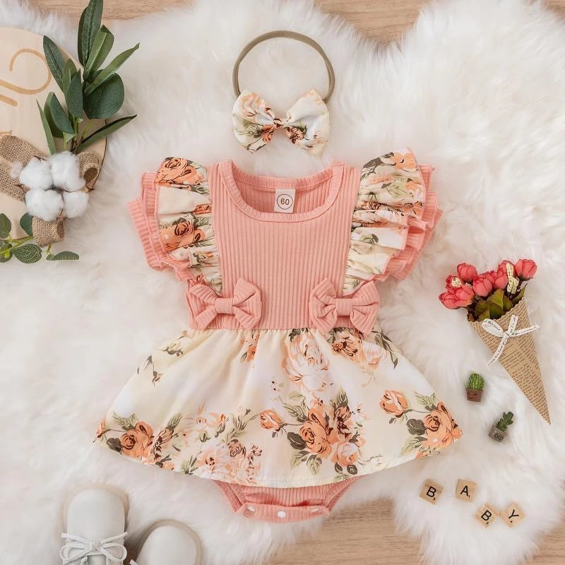 Kids Dress For 0-18 Months Cotton Ruffle Sleeve Cute Butterfly Floral Summer Princess Romper.