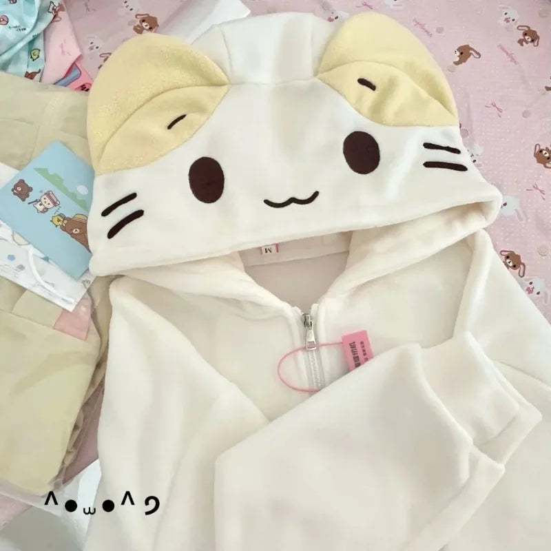 Kawaii Lolita Style Women Fleece Hoodies Cutecore, Soft Girl Zipper, Casual Cartoon Cardigan Jacket.
