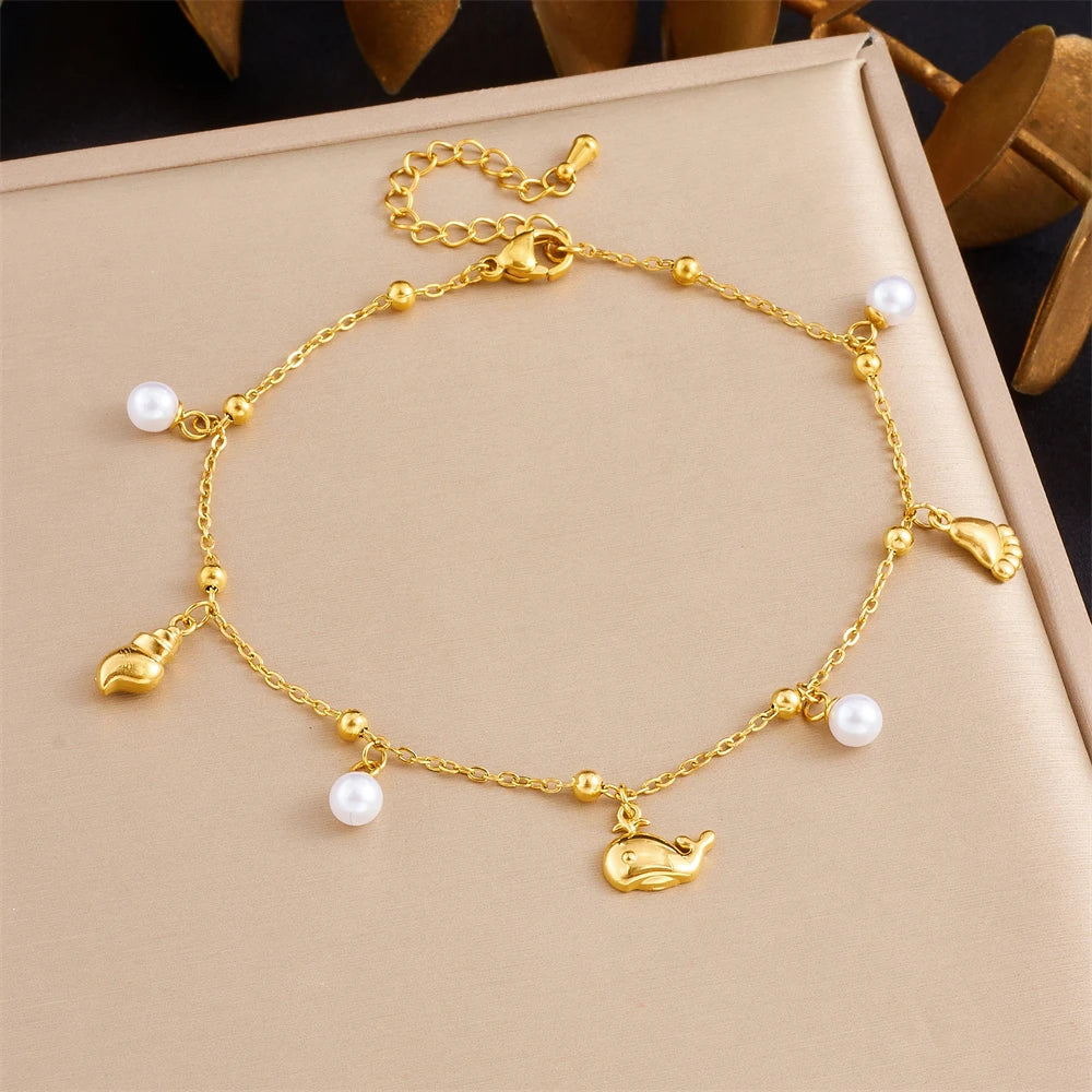 Stainless Steel Butterfly Whale Octopus Crab Pearl Anklets For Women-Waterproof.