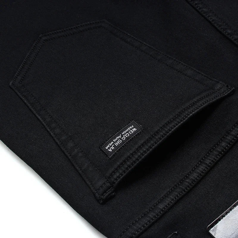 Men Classic Jeans Homme, Man Soft Stretch Black Biker Masculino Denim Pants.