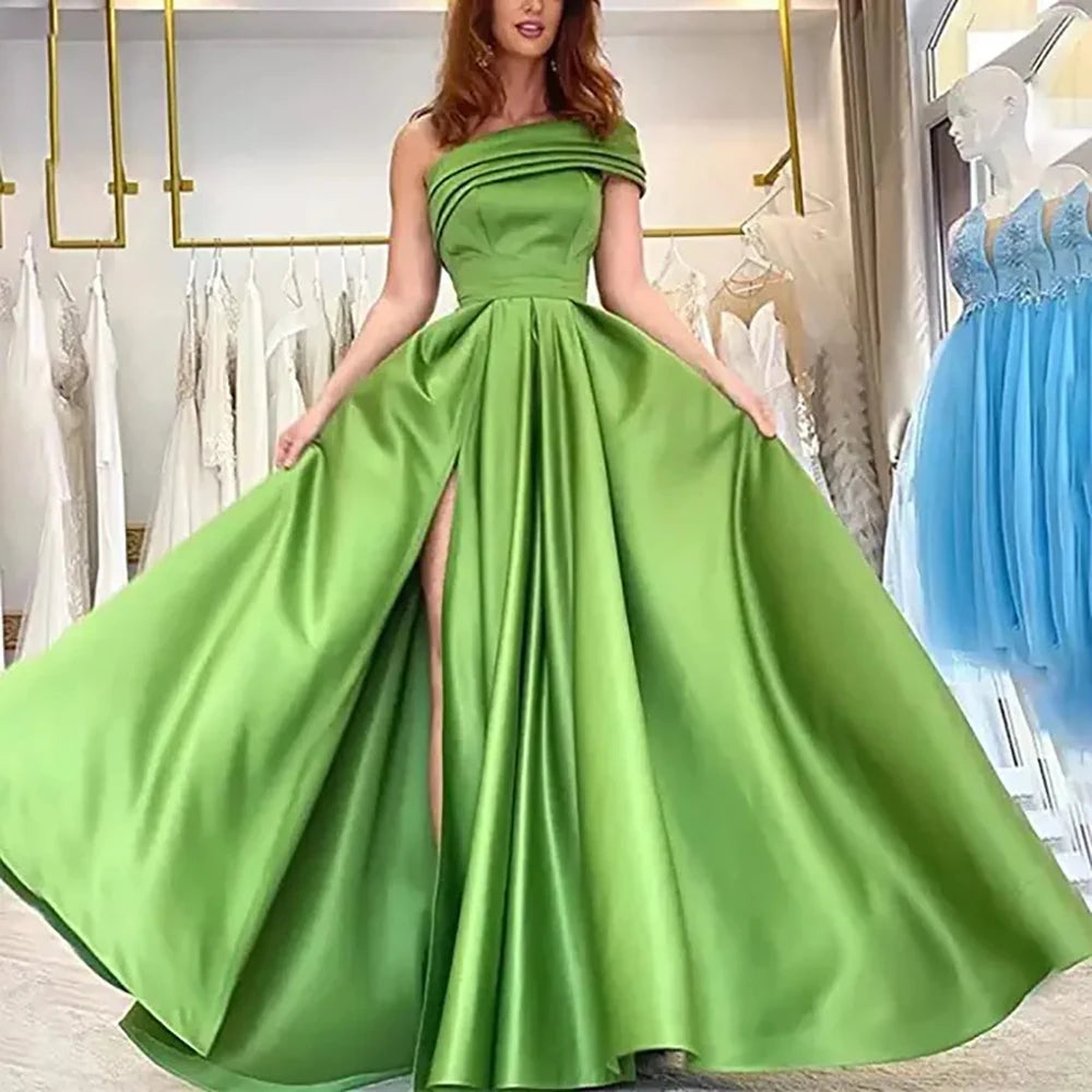 Women’s Elegant One Shoulder Satin Evening Dress Solid High Split A Line.