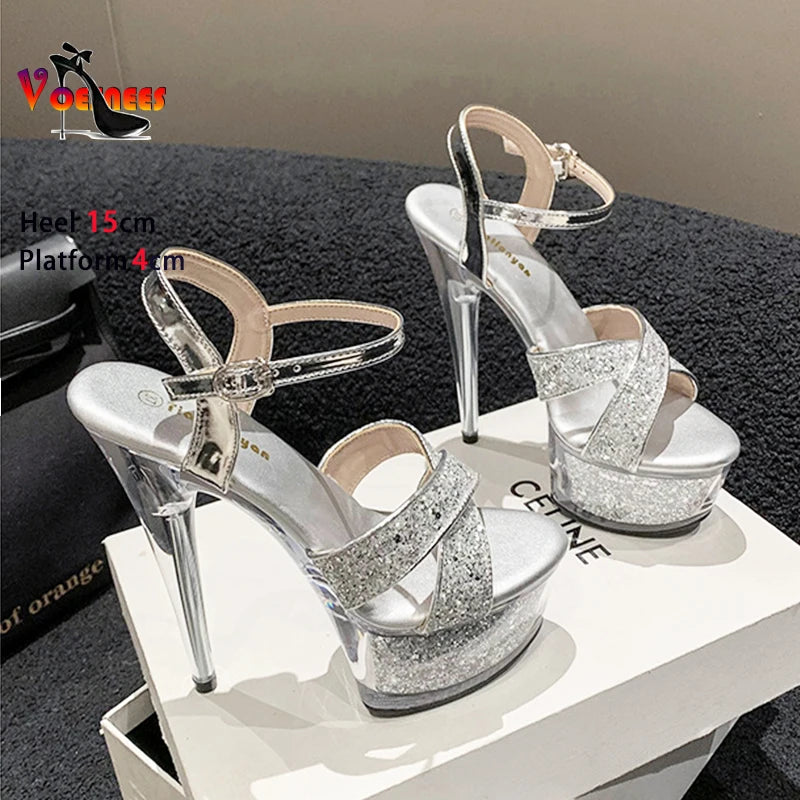 Luxury Crystal Sequined Women's High heels 4CM Platform 15CM Thin Heels.