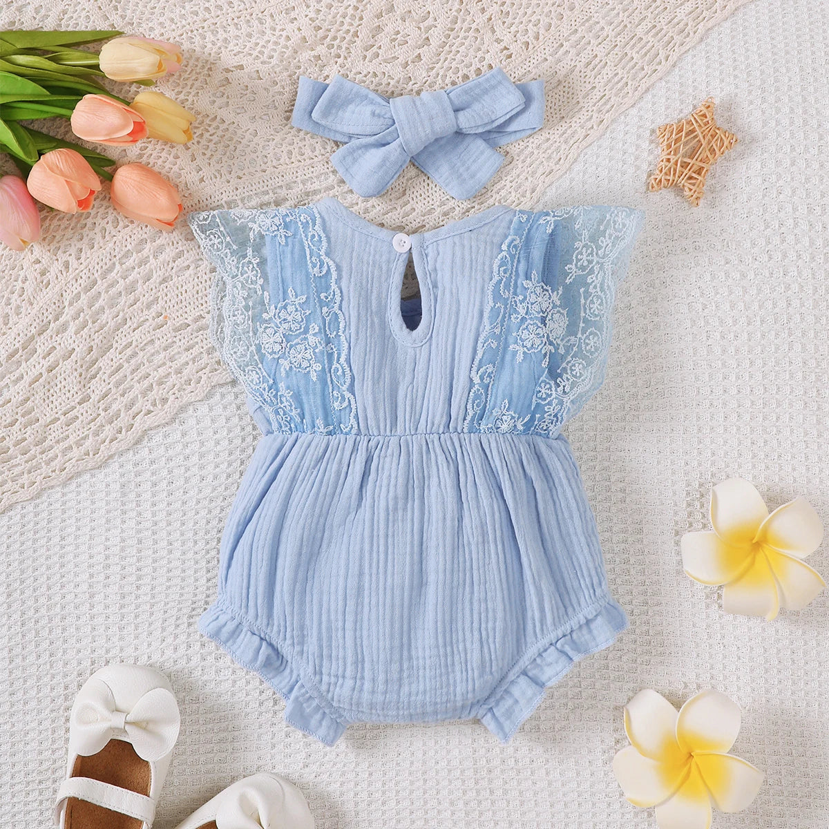 Baby Girl Romper Plain Soft Bodysuit Lace Sleeveless Onesie+Headband 0-18Months.