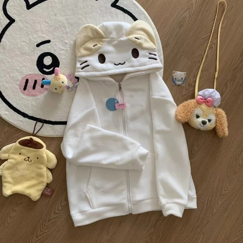 Kawaii Lolita Style Women Fleece Hoodies Cutecore, Soft Girl Zipper, Casual Cartoon Cardigan Jacket.