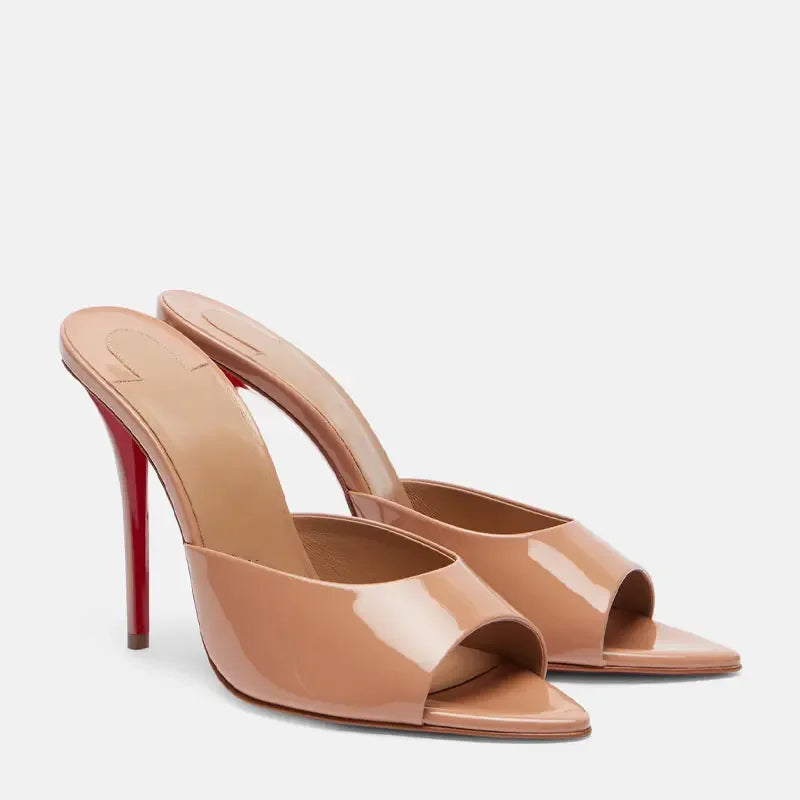 Fishmouth Woman Style Patent Leather High Heels With Thin Heels Pointed Toes Exposed Toes.