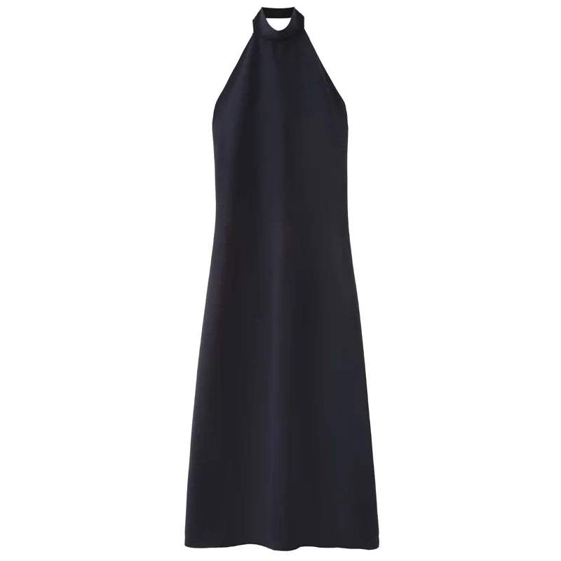 Women's Blue Halter Dress, Ruffled Backless.