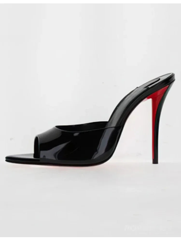 Fishmouth Woman Style Patent Leather High Heels With Thin Heels Pointed Toes Exposed Toes.