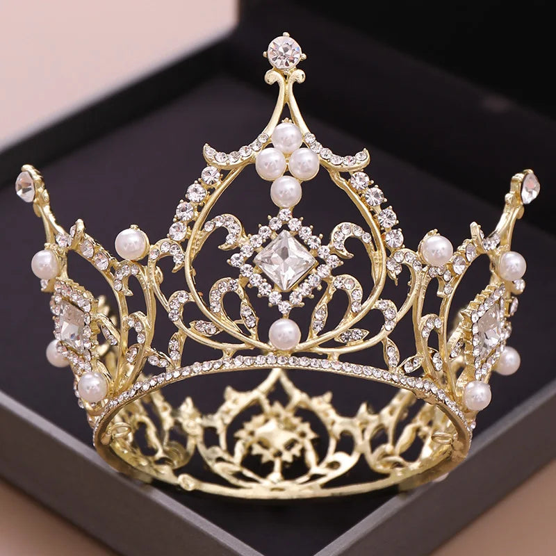 Trendy Gold Color Pearl Crown Wedding Hair Accessories, Jewelry, Rould Tiara Crown.