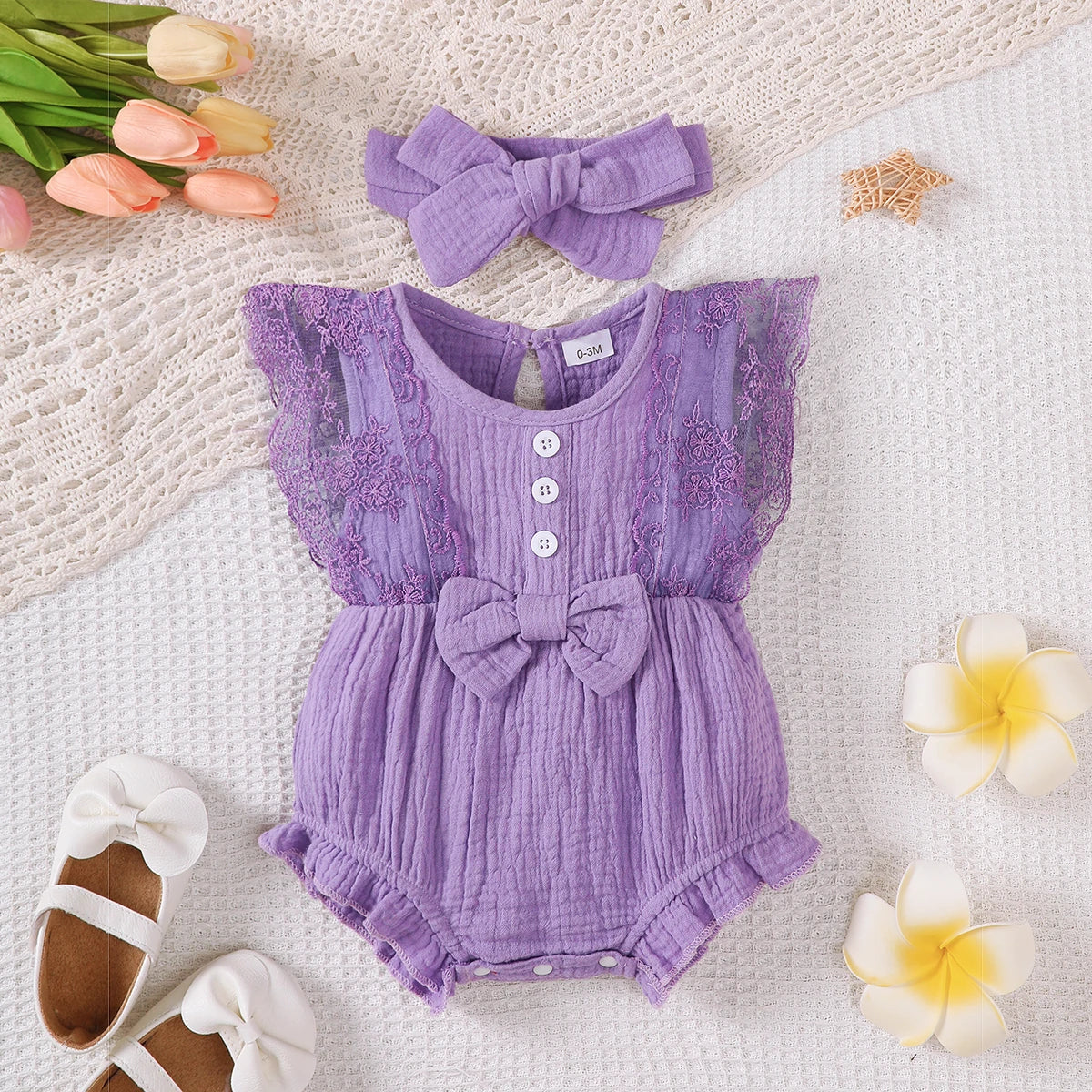 Baby Girl Romper Plain Soft Bodysuit Lace Sleeveless Onesie+Headband 0-18Months.