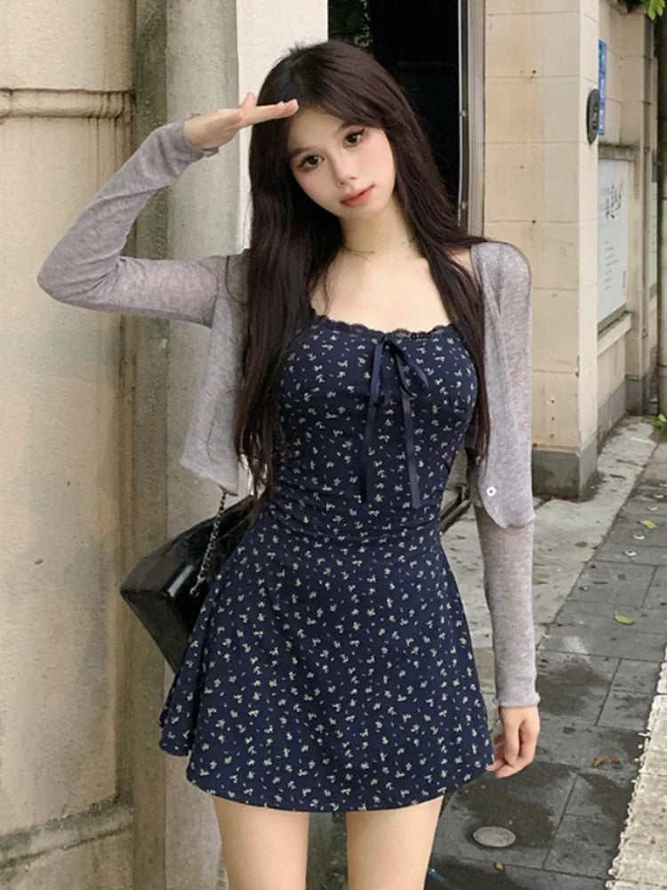 Blue suspender floral mini dress summer + cardigan French vintage Y2K 2 piece.