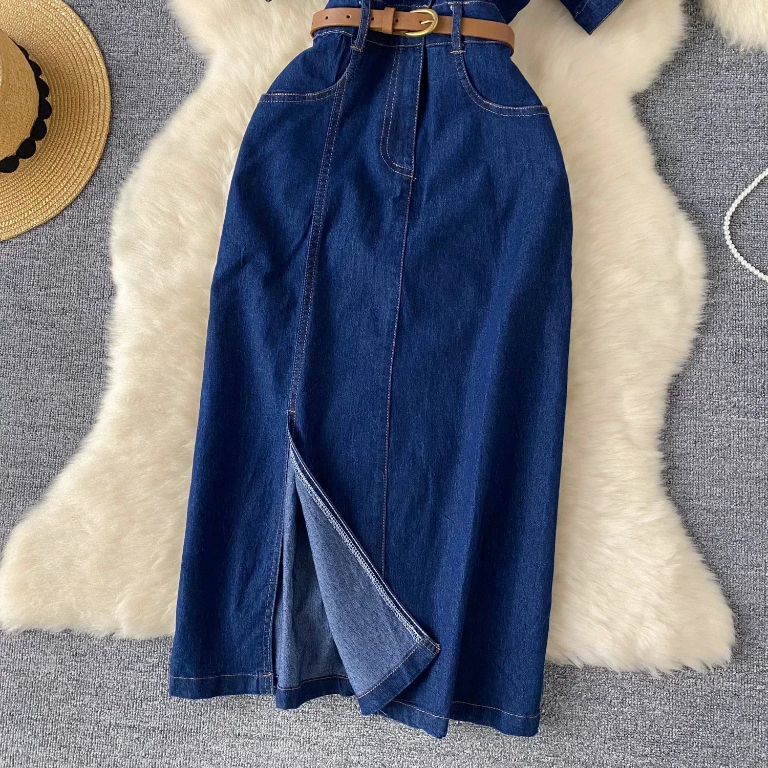 Women's Denim Dresses Polo Neck Short Sleeve Summer Mid Length Vestidos High Waist Belt Elegant Streetwear Y2k Summer.