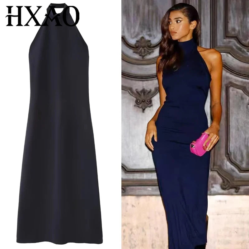 Women's Blue Halter Dress, Ruffled Backless.