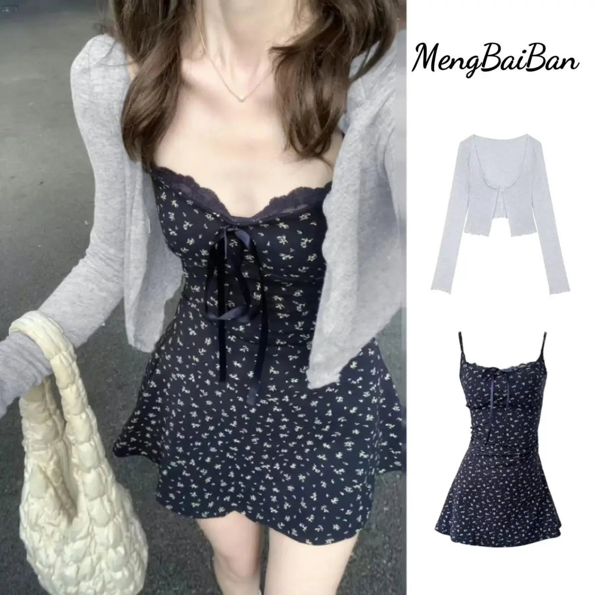 Blue suspender floral mini dress summer + cardigan French vintage Y2K 2 piece.