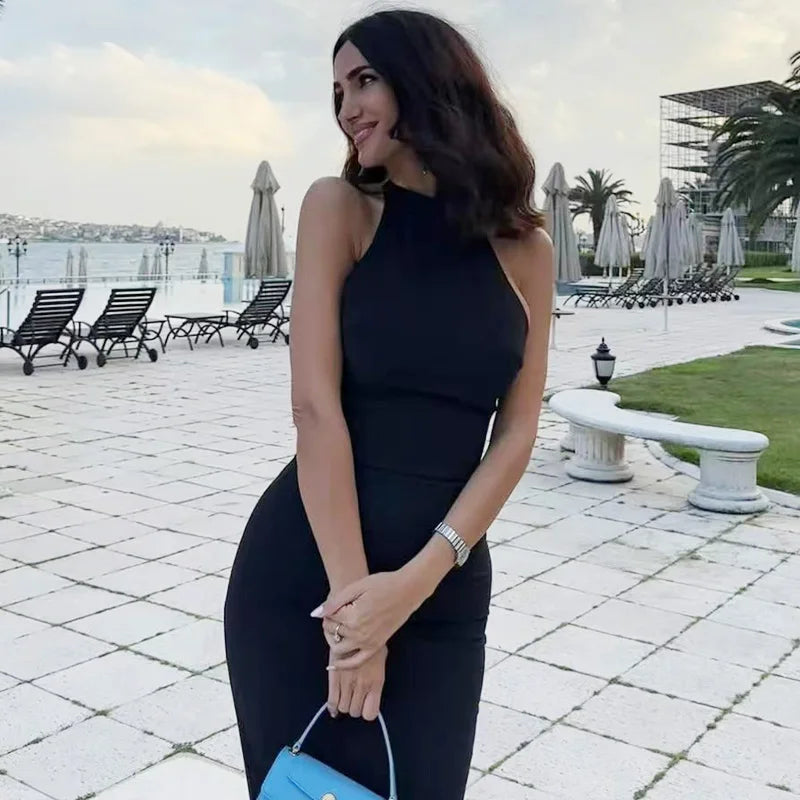 Women's Blue Halter Dress, Ruffled Backless.