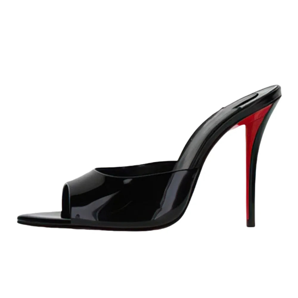 Fishmouth Woman Style Patent Leather High Heels With Thin Heels Pointed Toes Exposed Toes.