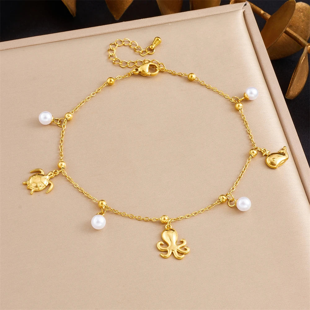 Stainless Steel Butterfly Whale Octopus Crab Pearl Anklets For Women-Waterproof.