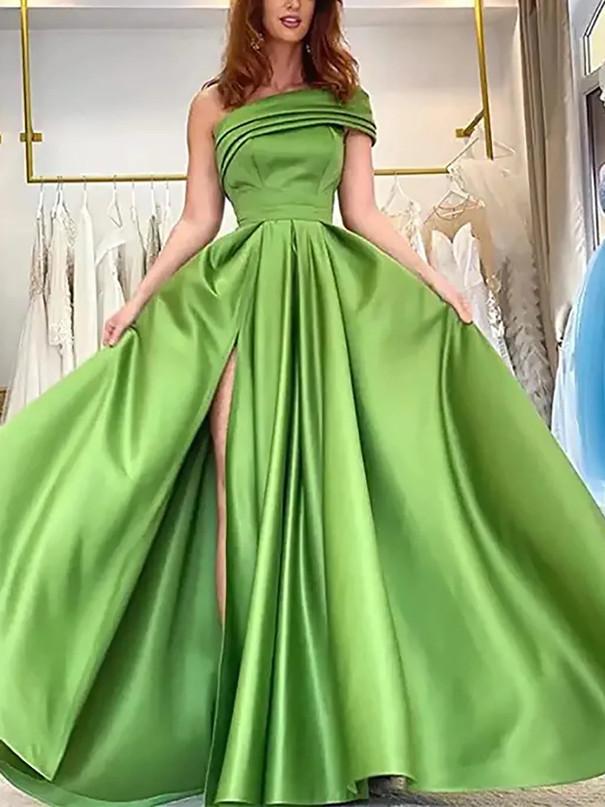 Women’s Elegant One Shoulder Satin Evening Dress Solid High Split A Line.