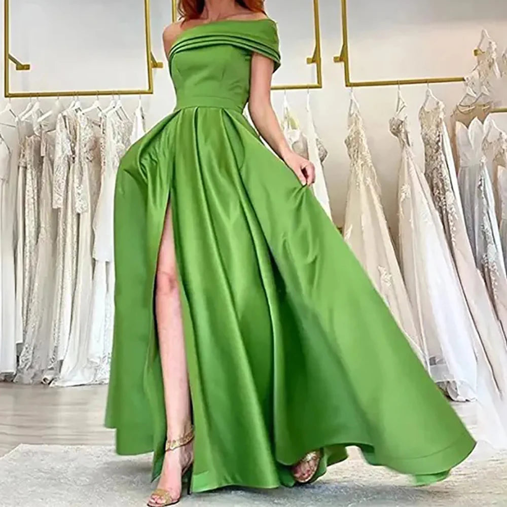 Women’s Elegant One Shoulder Satin Evening Dress Solid High Split A Line.