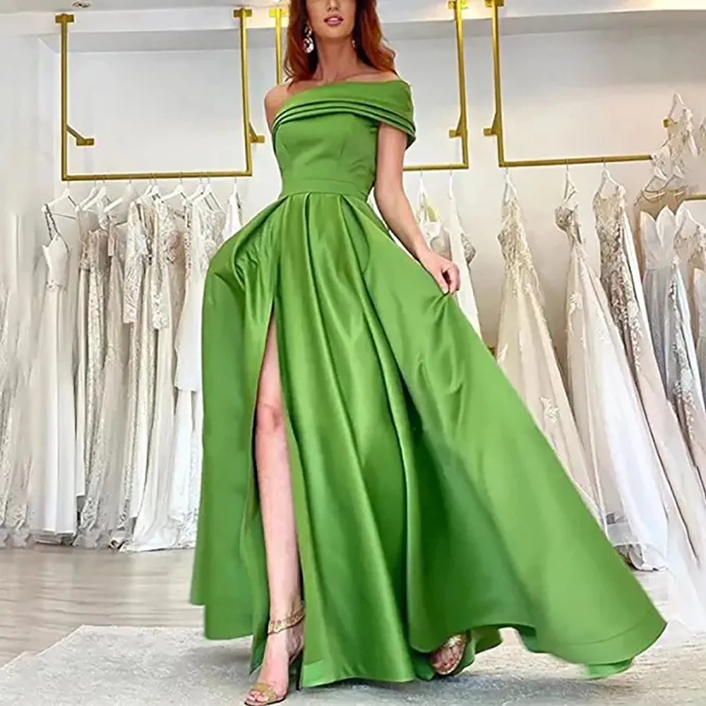 Women’s Elegant One Shoulder Satin Evening Dress Solid High Split A Line.